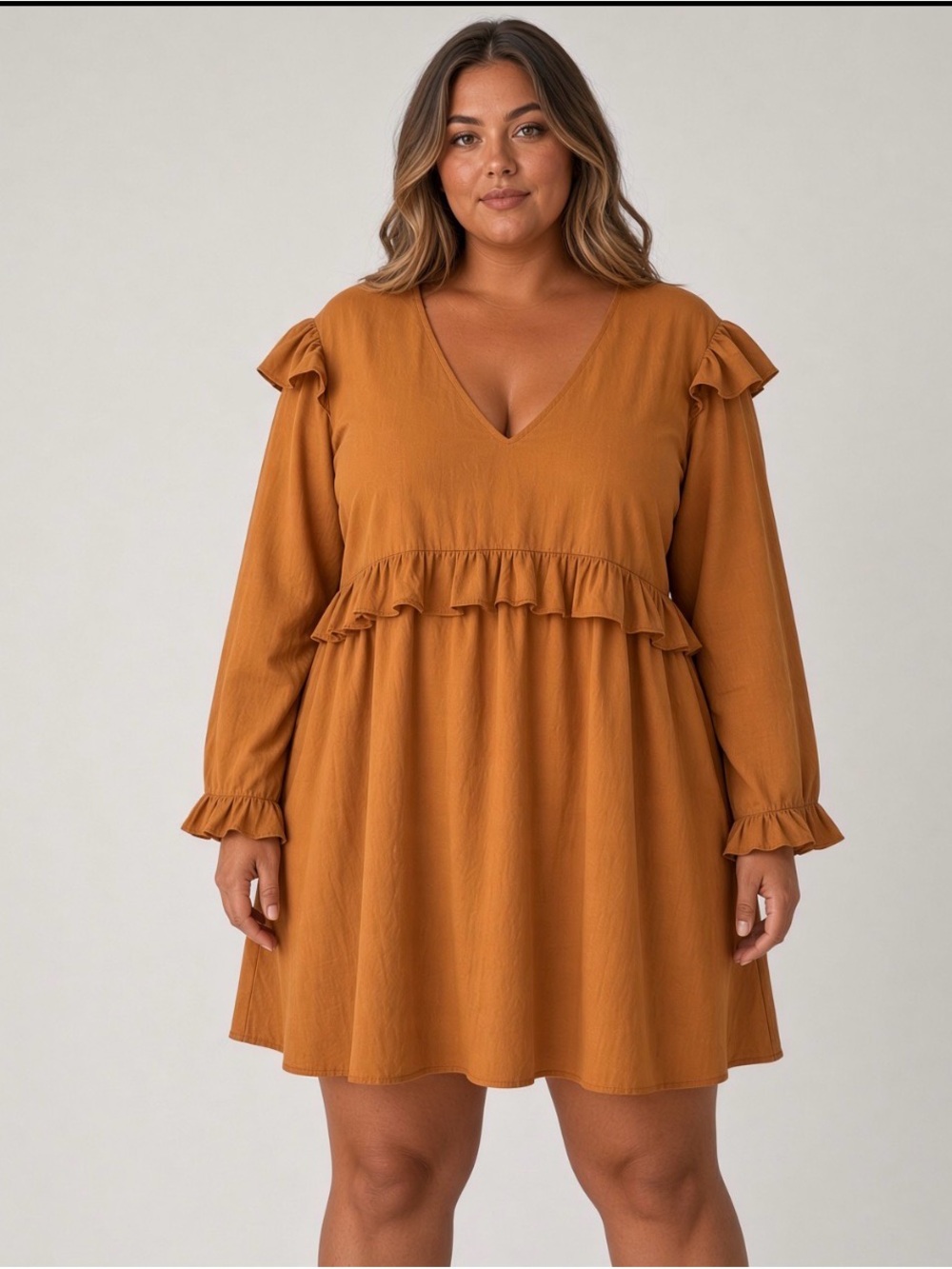 Boohoo Rust Ruffle V‑Neck Long Sleeve Swing Dress size 16